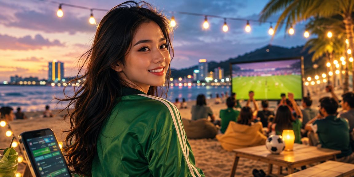 Người hâm mộ bóng đá cá cược trực tuyến trên điện thoại tại bãi biển Sài Gòn